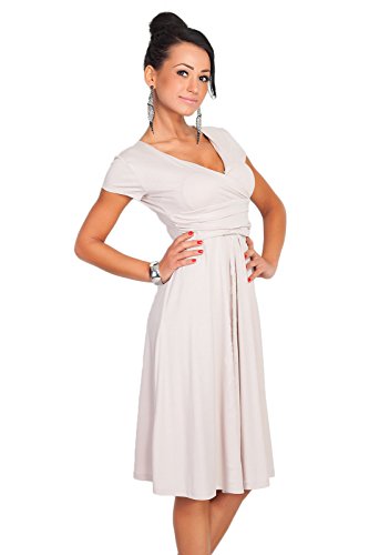 FUTURO FASHION - Damen Kleid in Wickel-Optik - V-Ausschnitt - elegant & kurzärmlig - Knielang - Viskose mit Baumwolle - 8416 - Beige - 40 (L) von FUTURO FASHION