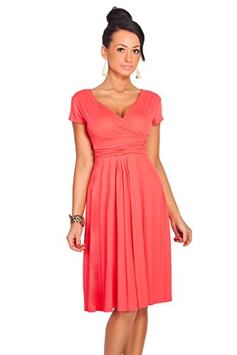 FUTURO FASHION - Damen Kleid in Wickel-Optik - V-Ausschnitt - elegant & kurzärmlig - Knielang - Viskose mit Baumwolle - 8416 - Koralle - 42 (XL) von FUTURO FASHION