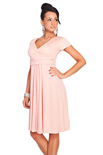 FUTURO FASHION - Damen Kleid in Wickel-Optik - V-Ausschnitt - elegant & kurzärmlig - Knielang - Viskose mit Baumwolle - 8416 - Pfirsichfarben - 38 (M) von FUTURO FASHION