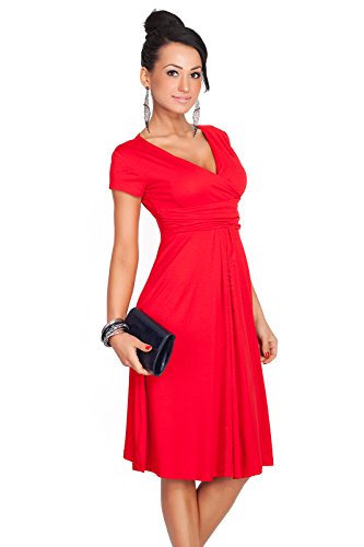 FUTURO FASHION - Damen Kleid in Wickel-Optik - V-Ausschnitt - elegant & kurzärmlig - Knielang - Viskose mit Baumwolle - 8416 - Rot - 36 (S) von FUTURO FASHION