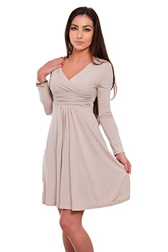 FUTURO FASHION - Damen Kleid mit V-Ausschnitt - klassischer Look - langärmlig - Y8467 - Beige - 46 (XXXL) von FUTURO FASHION