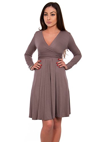 FUTURO FASHION - Damen Kleid mit V-Ausschnitt - klassischer Look - langärmlig - Y8467 - Cappuccino - 40 (L) von FUTURO FASHION