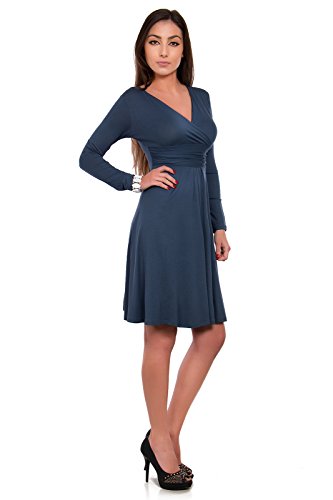 FUTURO FASHION - Damen Kleid mit V-Ausschnitt - klassischer Look - langärmlig - Y8467 - Graphit - 36 (S) von FUTURO FASHION