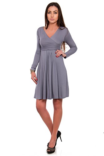 FUTURO FASHION - Damen Kleid mit V-Ausschnitt - klassischer Look - langärmlig - Y8467 - Grau - 38 (M) von FUTURO FASHION
