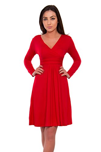 FUTURO FASHION - Damen Kleid mit V-Ausschnitt - klassischer Look - langärmlig - Y8467 - Rot - 46 (XXXL) von FUTURO FASHION