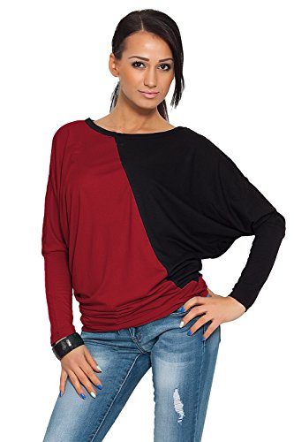 FUTURO FASHION - Damen Oberteil mit Fledermausärmeln - langärmlig - Color-Blocking - Kimono-Stil - 6042 - Schwarz-Purpurrot - 36/38 (M) von FUTURO FASHION