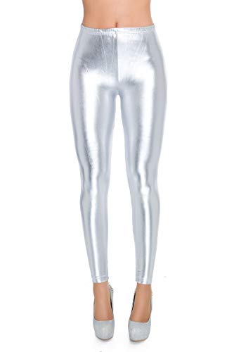 FUTURO FASHION Damen-Leggings Designt im Nass-Look aus Latex Kunstleder Glänzende Farben farbige Latex-Leggings Hohe Taille & Klassische Taille, Größen 36-48 Gr. 34, Silber Klassische Taille von FUTURO FASHION