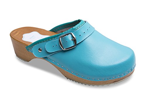 FUTURO FASHION® - Damen Clogs - gesund & natürlich - Echtleder - Holzsohle - Unisex-Farben - einfarbig - Größe 36-42 - Türkis - 37 EU von FUTURO FASHION