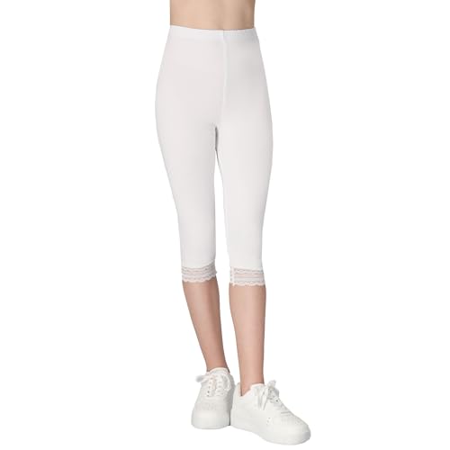 FUTURO FASHION Mädchen Capri Leggings aus Baumwolle mit Spitze Weich & Dehnbar Sommerhose für Kinder Hautfreundlich & Bequem Weiß 146 von FUTURO FASHION