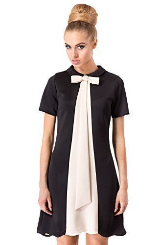 Futuro Fashion - Damen Cocktail A-Linien Kleid mit Schleife & Kragen Kurzärmelig FA374, Black-Beige, 36 von FUTURO FASHION
