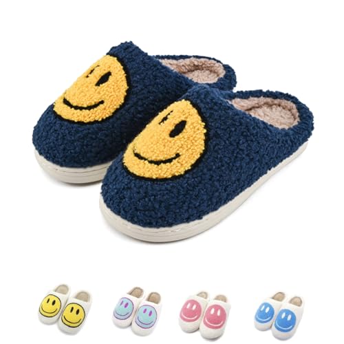 FUUPNN Smile Face Hausschuhe Mädchen Jungen Retro Süße Weiche Plüsch Indoor/Outdoor Schuhe Fuzzy House Leichte Hausschuhe mit Memory Foam Wärme rutschfest Weiß Unisex-Kinder, Blau-Gelb, 8-9.5 Little von FUUPNN