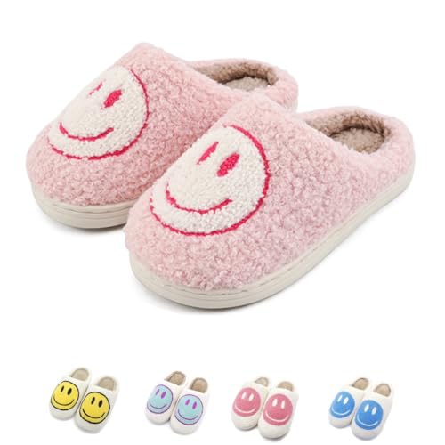 FUUPNN Smile Face Hausschuhe Mädchen Jungen Retro Süße Weiche Plüsch Indoor/Outdoor Schuhe Fuzzy House Leichte Hausschuhe mit Memory Foam Wärme rutschfest Weiß Unisex-Kinder, Pink / Weiß, 2.5-3.5 Big von FUUPNN
