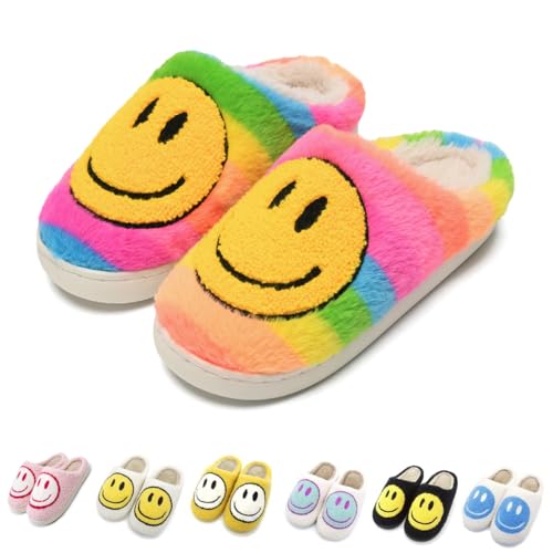 FUUPNN Smile Face Hausschuhe Mädchen Jungen Retro Süße Weiche Plüsch Indoor/Outdoor Schuhe Fuzzy House Leichte Hausschuhe mit Memory Foam Wärme rutschfest Weiß Unisex-Kinder, Regenbogen, 1.5-2.5 Big von FUUPNN