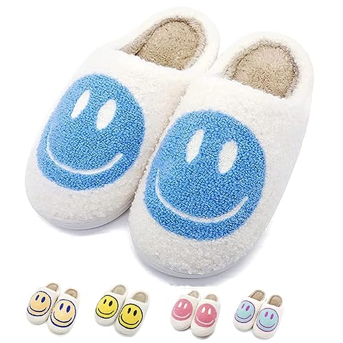 FUUPNN Smile Face Hausschuhe Mädchen Jungen Retro Süße Weiche Plüsch Indoor/Outdoor Schuhe Fuzzy House Leichte Hausschuhe mit Memory Foam Wärme rutschfest Weiß Unisex-Kinder, Weiß/Blau, 10.5-12 Little von FUUPNN