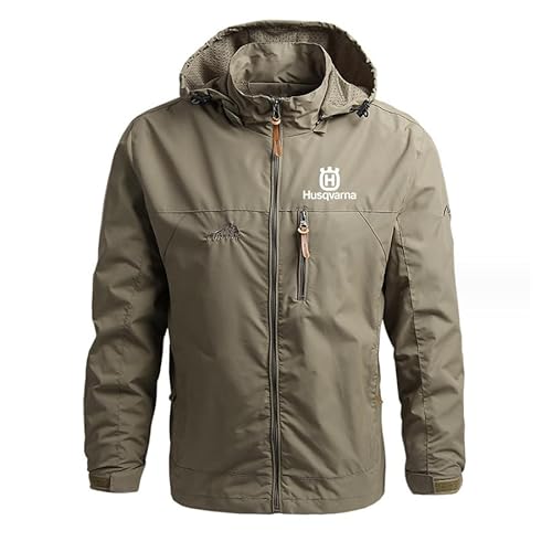 FUVELKRK Herren Klassische Jacken Outdoor Abnehmbare Mütze Hus.q_varna Gedruckt Casual Lange Ärmel Sportmantel (khaki,L) von FUVELKRK