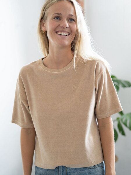 FUXBAU Frauen Cropped Samt T-Shirt - beige gelb geriffelt von FUXBAU