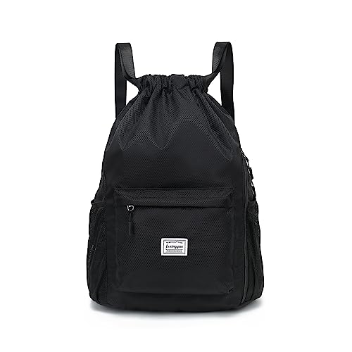 FUXINGYAO Beutel Rucksack Kordelzug Turnbeutel Daypack Gymsack Gym Bag Beutel Sportbeutel Rucksack für Damen & Herren mit Innentasche 11 Liter für Sport, Reisen und City(schwarz) von FUXINGYAO