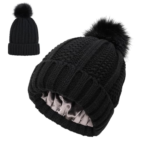 FUXNGZI Damen Winter Beanie Mütze Strickmütze mit Satin Gefüttert Thermo Wintermütze Lässig Mützen Cap (Schwarz) von FUXNGZI