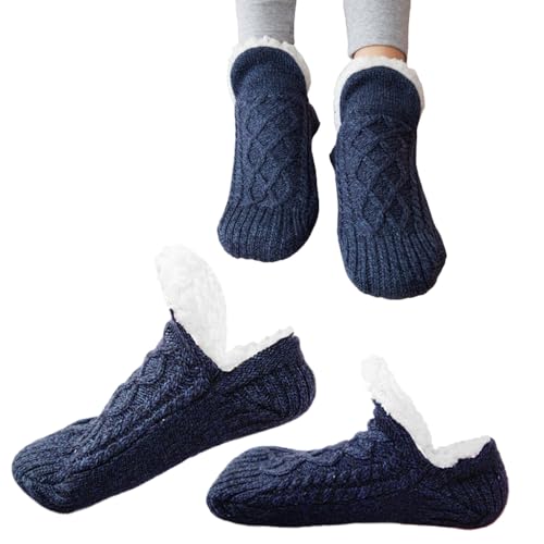 Indoor Non-slip Thermal Socks, 2024 Neu Hüttensocken, Rutschfeste Hausschuh Socken, Pantoffelsocken Warme Stoppersocken Kuschelsocken, Fleece-Lined Non-Slip Thermal Slippers Socks (43-45, Dunkelblau) von FUXNGZI