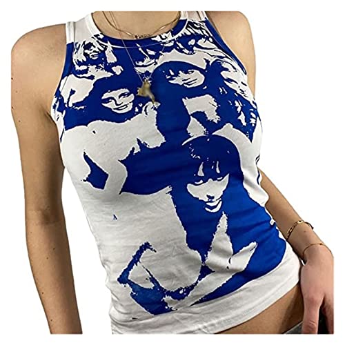 Damen Face Portrait Print Crop Top Y2K E-Girls 90er Ärmelloses Tank Top Graphic Print Sommer Weste Tops (Color : Blue, Size : S) von FUZUAA