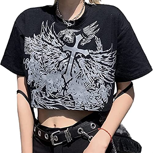 Damen Tank Top Y2K Bedruckte T-Shirts Bauchfreie Ärmellos Oberteile Crop Top Sexy Sommer Shirts 90er Vintage E-Girl Teenager Mädchen Grunge Gothic Camisole (Color : Black, Size : XXL) von FUZUAA