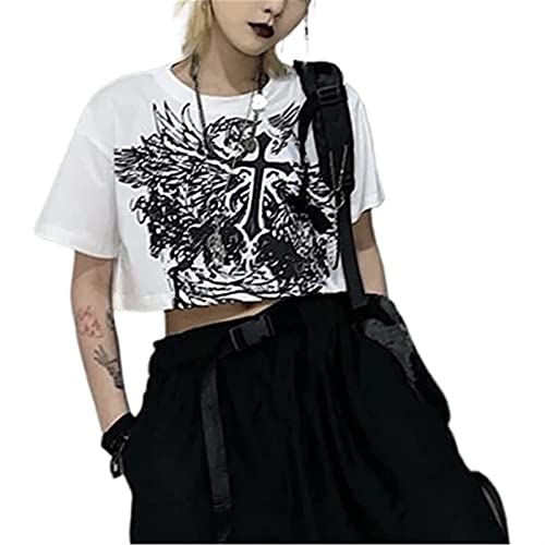 Damen Tank Top Y2K Bedruckte T-Shirts Bauchfreie Ärmellos Oberteile Crop Top Sexy Sommer Shirts 90er Vintage E-Girl Teenager Mädchen Grunge Gothic Camisole (Color : White, Size : S) von FUZUAA