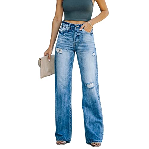 Damen Zerrissene Jeans Mid Rise Fitted Jeanshose Damen Moderne Gerade Jeans Damen Zerrissene Jeans Bequeme Hose Destroyed Jeans im Used-Look Mit Löchern (Color : Blue, Size : M) von FUZUAA