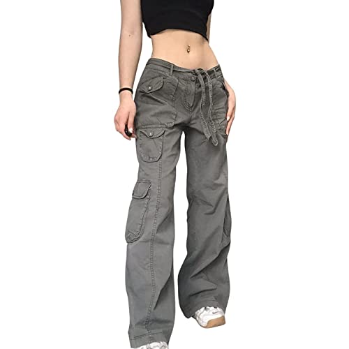 FUZUAA Damen Low Waist Cargo Jeans Gerade Breites Bein Baggy Denim Hosen Y2k Indie Aesthetic Vintage Jeanshosen 90er Streetwear (Color : Gray, Size : S) von FUZUAA