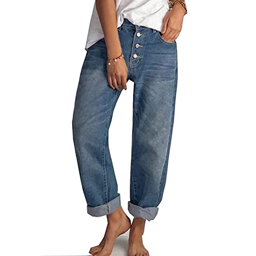 FUZUAA Jeans Mit Weitem Bein für Damen, Mom-Jeans mit Hoher Taille, Lockere Lange Baggy-Denim-Jeans für Büro und Freizeit (Color : Blue, Size : M) von FUZUAA