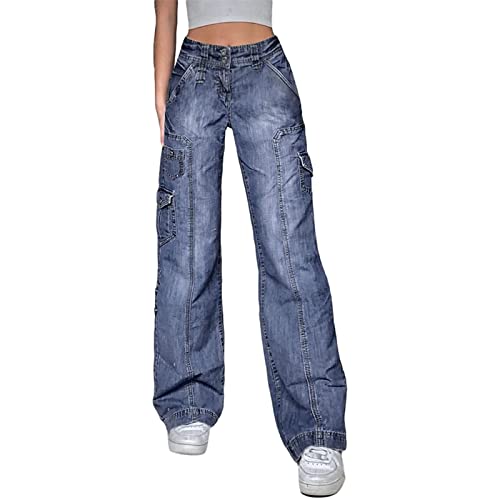 FUZUAA Streetwear Vintage Cargo Jeans Damen Taschen Hohe Taille Mode Baggy Braune Hosen Ästhetische Grunge Hosen (Color : Blue, Size : XXL) von FUZUAA