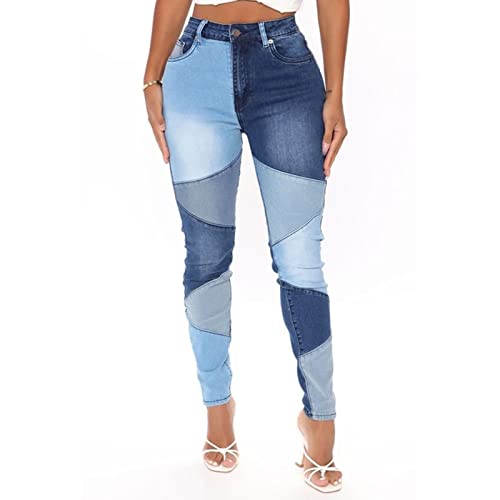 FUZUAA Stretchy Patchwork Jeans Damen Trendy Elastische Taille Zweifarbige Jeans Denim Hosen (Color : Blue, Size : XXL) von FUZUAA