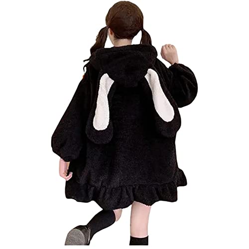 Frauen Cute Bunny Ear Hoodie Fuzzy Fluffy Rabbit Sweater Sweatshirt Pullover Tops Langarm Kawaii Jacke Mäntel (Color : Black, Size : M) von FUZUAA