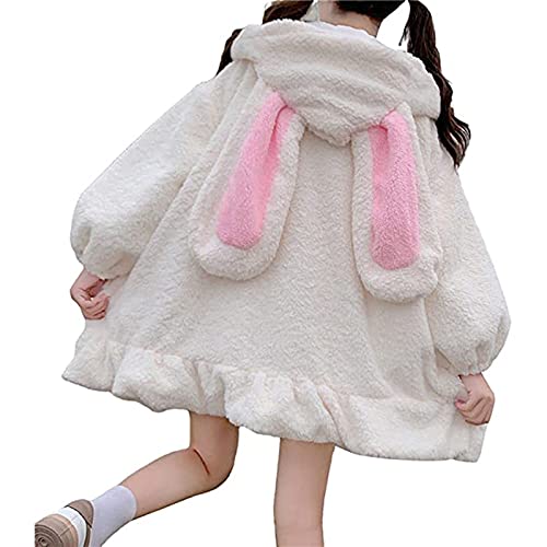 Frauen Cute Bunny Ear Hoodie Fuzzy Fluffy Rabbit Sweater Sweatshirt Pullover Tops Langarm Kawaii Jacke Mäntel (Color : White, Size : L) von FUZUAA