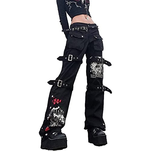 Gothic Cargo Jeans für Frauen Wide Straight Leg Punk Grunge Baggy Pants Gothic Ästhetische Hose Y2k Streetwear mit Taschen (Color : Black, Size : L) von FUZUAA