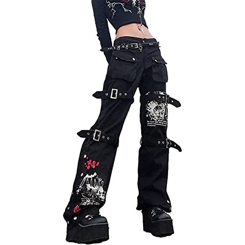 Gothic Cargo Jeans für Frauen Wide Straight Leg Punk Grunge Baggy Pants Gothic Ästhetische Hose Y2k Streetwear mit Taschen (Color : Black, Size : S) von FUZUAA