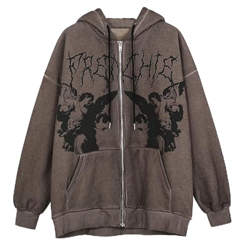 Street Hip-Hop Frauen Angel Print Brown Zipper Hoodie Frauen Y2K Harajuku Punk Übergroße Jacke Sweatshirt Weiblich (Color : Brown, Size : M) von FUZUAA