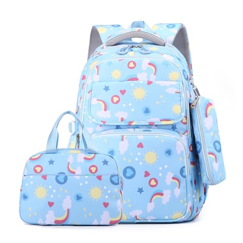 FUZYXIH 3 Stück/Set Schulranzen Set für Mädchen Kinder Rucksack Teenager Mittagessen Tasche und Federmäppchen Kinderrucksack mit Seitentasche, blau von FUZYXIH