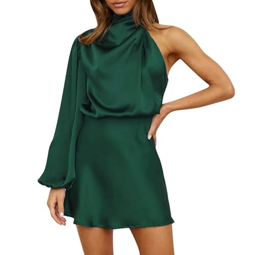 FUZYXIH Formelles Satinkleid Für Damen Stehkragen One Shoulder Langarm Figurbetont Für Cocktailpartys Minikleider Modisches Kurzes Kleid Figurbetontes Cocktailparty Minikleid von FUZYXIH