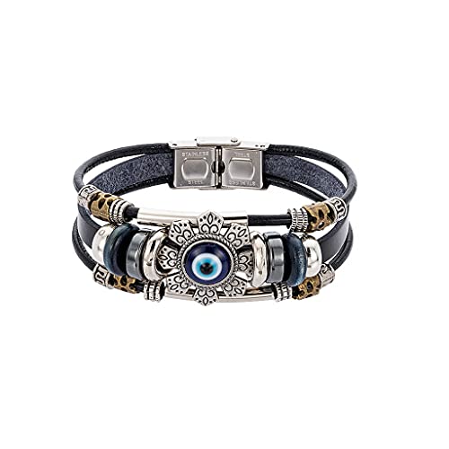 FUZYXIH Lucky Eye Türkisch Für Armbänder Für Männer Frauen Punk Stil Handgefertigter Schmuck Mehrschichtiges Schwarzes Lederarmband Mehrschichtiges Lederarmband Männer Perlenarmband Blaues Auge von FUZYXIH