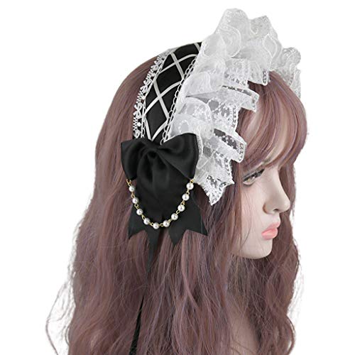 Gekräuseltes Spitzen-Stirnband, japanisches Band, Schleife, Dienstmädchen-Haarband, Perlenkette, Cosplay, Haar-Accessoire, flauschige Stirnbänder von FUZYXIH