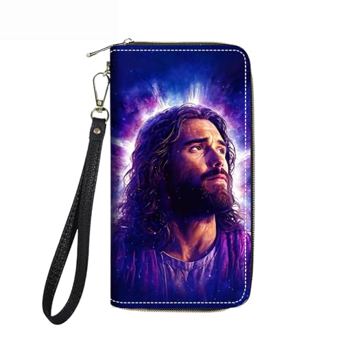FVAENDHIO Damen Geldbörse PU Leder Reißverschluss Rund Clutch Geldbörse Multifunktions Brieftasche für Smart Phone/Münze/Karte/Bargeld - Braun Kuh Druck, Jesus Christus, Gott, Christ von FVAENDHIO
