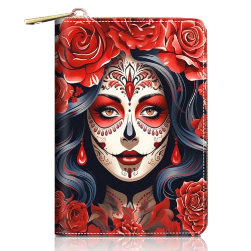 FVAENDHIO Kreditkartenetui für Damen, Katzen- und Schmetterling-Design, RFID-blockierend, kleines Leder-Kartenetui, Geldbörse, Reißverschluss, Akkordeon-Geldbörsen, Sugar Skull Girl Rose, Modisch von FVAENDHIO
