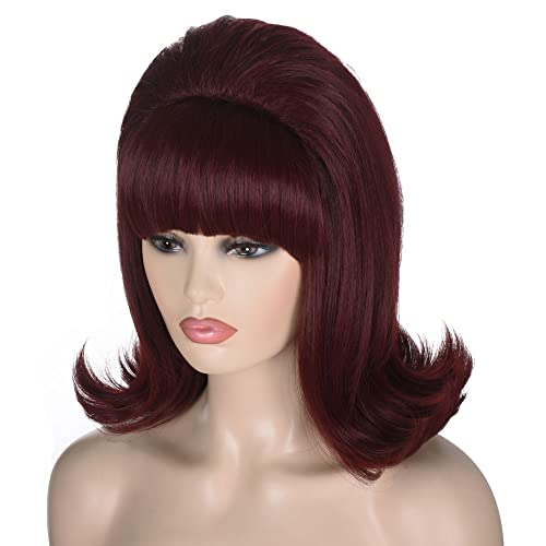 60er Jahre Flick-Up Perücke | FVCENT 70er Jahre Retro Bienenstock Stil Vintage Look Flicked Beehive Bob im 50er-Jahre-Stil Perücke Kostüm Damen Perücke mit Pony (Burgundy) von FVCENT
