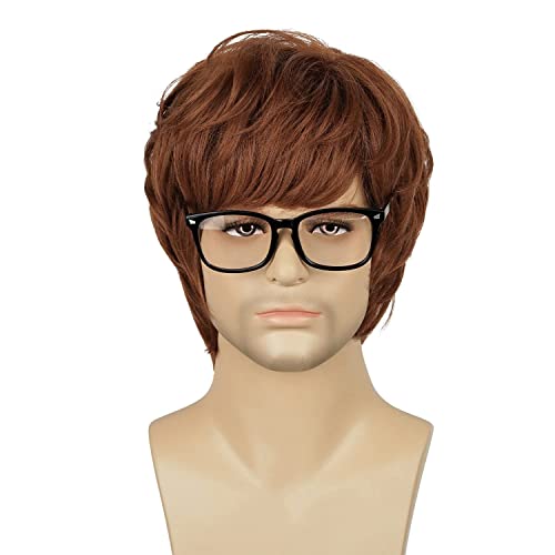 Kurze Mens Brown Perücke 60er Jahre 70er Jahre Mens Short Curly Mens960s Spy Film Haar Cosplay Halloween Kostüm Männliche Perücke und Brille (Braun) von FVCENT