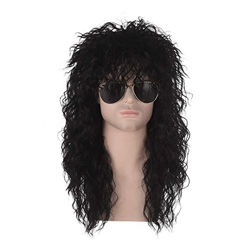 Mullet Perücke FVCENT 70er Jahre 80er Jahre Rock Retro Perücken Lange Culry Punk Heavy Metal Männliche Rocker Mullet Perücke Halloween Kostüme Perücke (Schwarz) von FVCENT