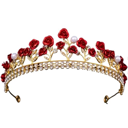 Braut Kopfschmuck Rose Strass Hochzeit Kronen Brautjungfer Frauen Party Braut Kopfstück Prom(Red) von FVCTGHZ