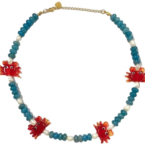 FVCTGHZ 1 Stück handgefertigte Glasur-Halskette mit roten Krabben und Goldfischen, Perlen aus Naturstein und Kristall for den Sommer(Color2) von FVCTGHZ