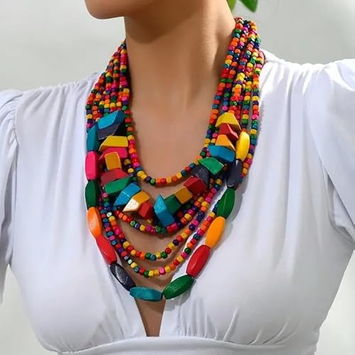 FVCTGHZ 1pc Vintage Böhmischen Stil Bunte Holz Layered Halsketten Übertreiben Elegante Casual Party Schmuck FVCTGHZ 1pc Vintage Böhmischen Stil Bunte Holz Layered Halsketten Übertreiben Elegante Casual Party Schmuck von FVCTGHZ