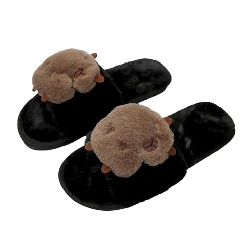 FVCTGHZ Capybara-Hausschuhe, süßer Plüsch, warm, flauschig, offene Zehenpartie, Slipper, trendige, rutschfeste Hausschuhe for den Innenbereich(Black,9-10) von FVCTGHZ