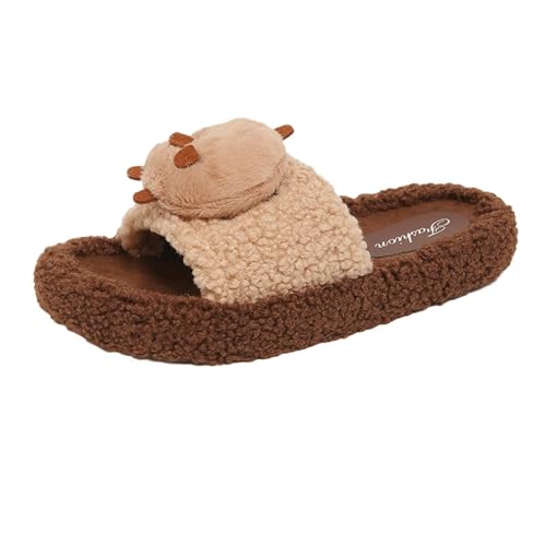 FVCTGHZ Hausschuhe, süße offene Zehenpartie, Plüsch, warm, flauschig, Slipper, trendige, rutschfeste Schuhe for drinnen und draußen(Khaki,6.5-7) von FVCTGHZ